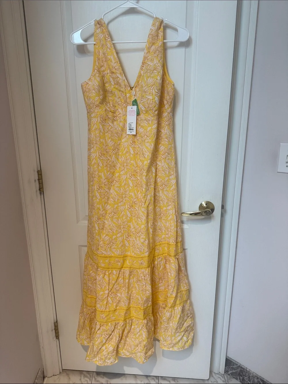 Lilly Pulitzer Yellow Floral V-Neck Tiered Maxi Dress with White Leaf Print